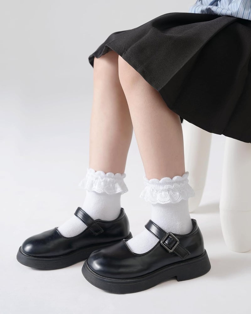 Funjoon 4T-10Y Girls White Ruffle Socks Lace Frilly Dress Cotton School Uniform Crew Socks for Toddler Little Girls 6 Pack - Image 3